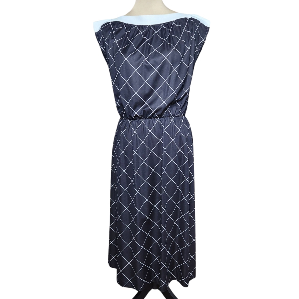 Vintage 70s Sears Perma-Smooth Black Geometric Grid Dress Made in USA Boat Neck